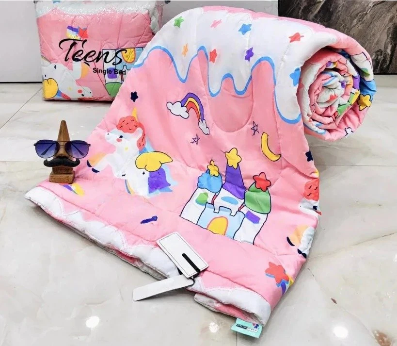 Kids' Pink White Unicorn Rainbow Single Bed Comforter
