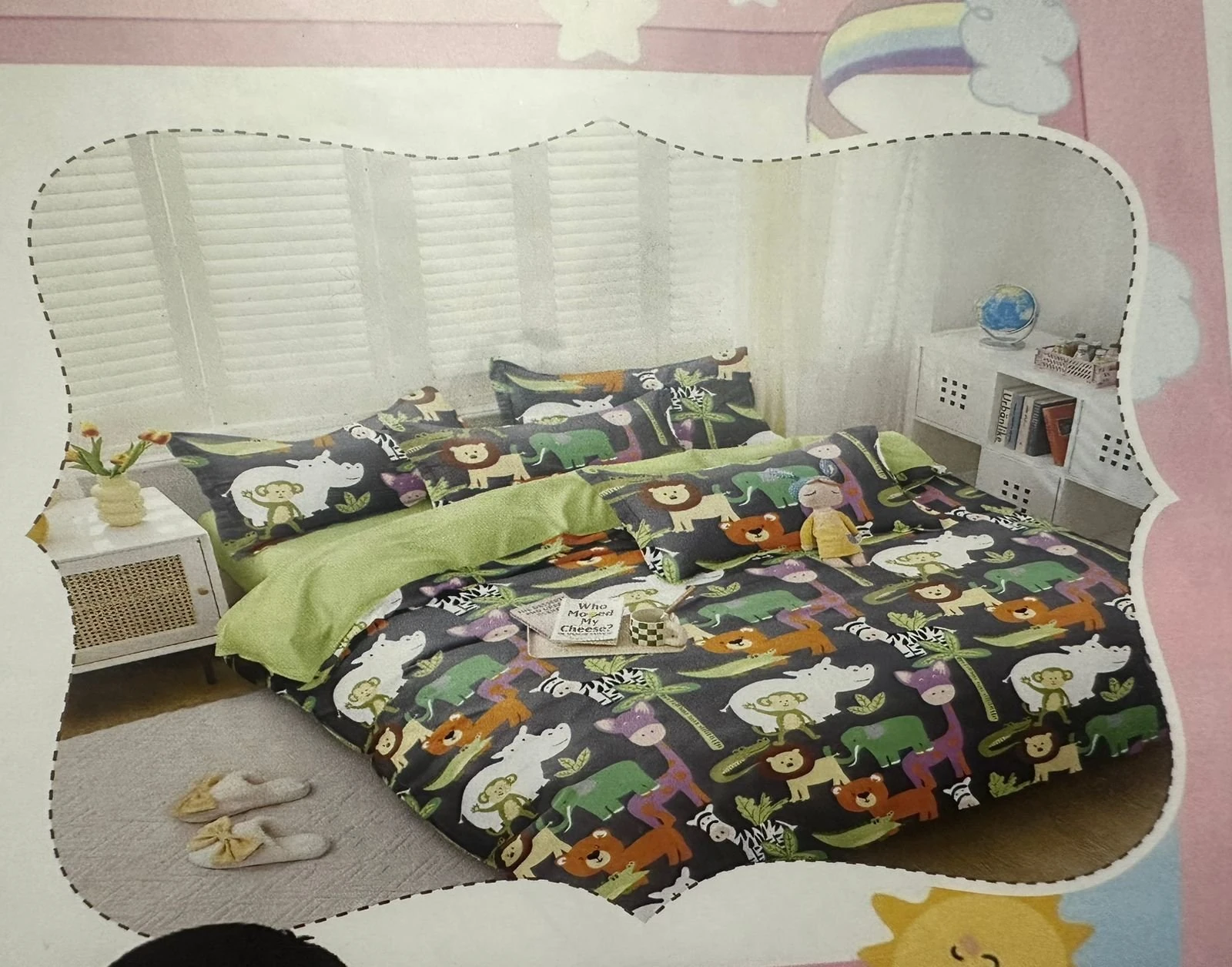 Green Cartoon Single Bed Bedsheet Set with Pillow Cover