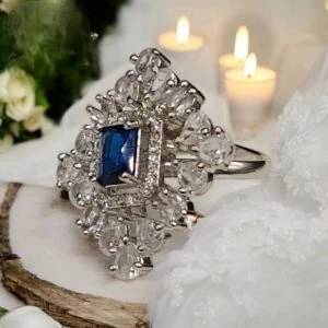 Blue Ad Studded Silver-Plated Free Size Finger Ring
