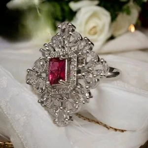 Ruby Pink Ad Studded Silver-Plated Free Size Finger Ring