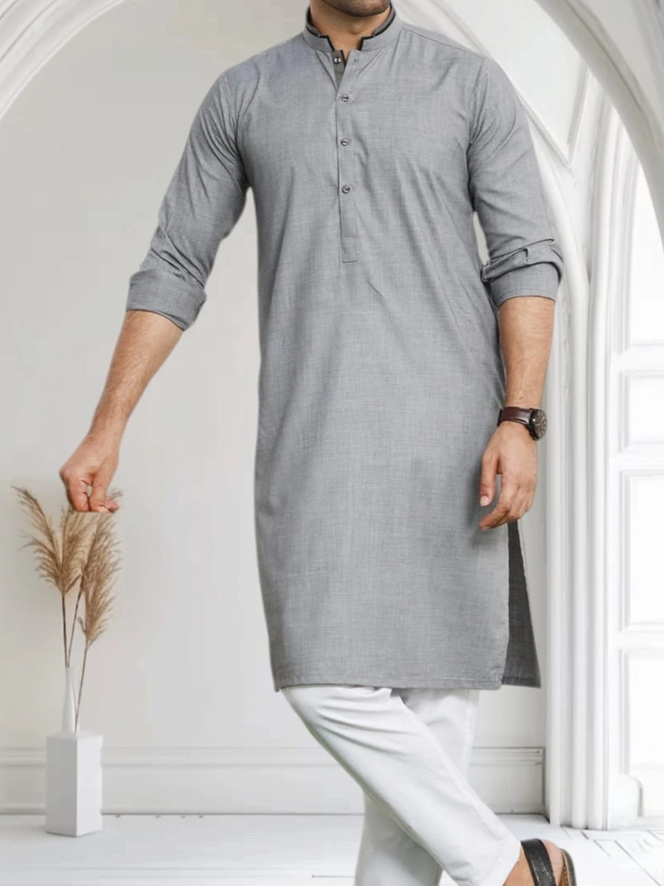 Men's Cotton Kurta Set Dark Grey – Solid