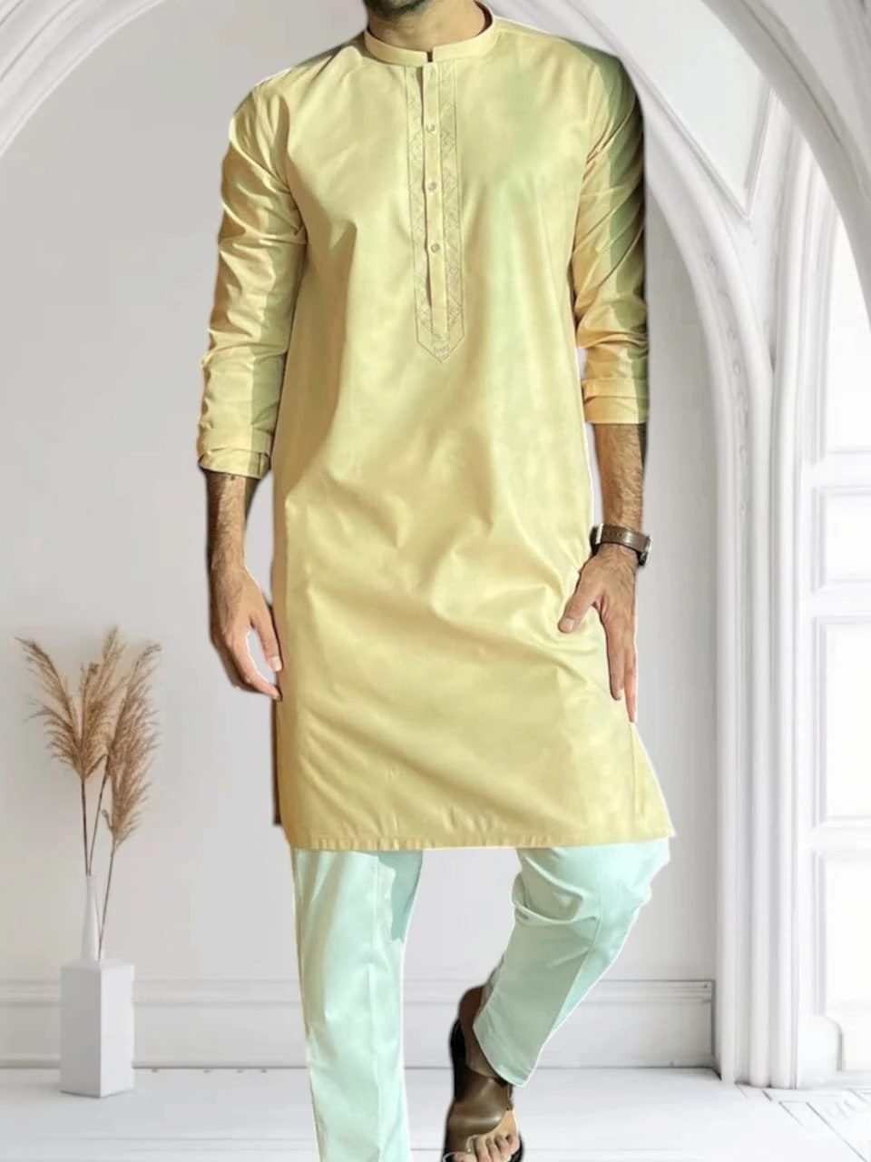 Men's Cotton Kurta Set Yellow – Solid