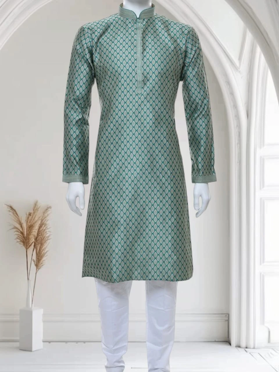 Men's Silk Kurta Set Green – Solid