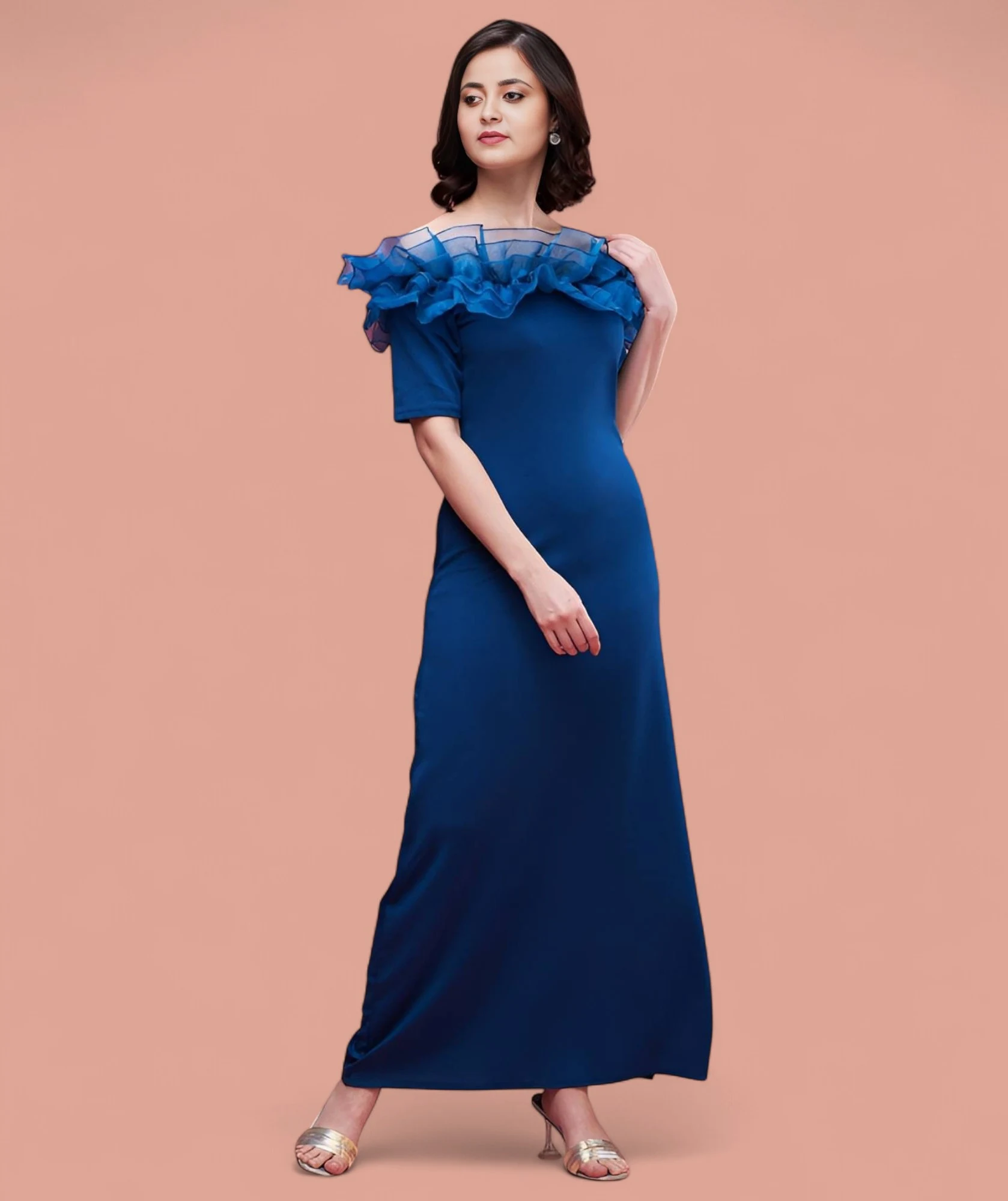 Women's Premium Fabric Dress Prussian Blue – Slim Fit