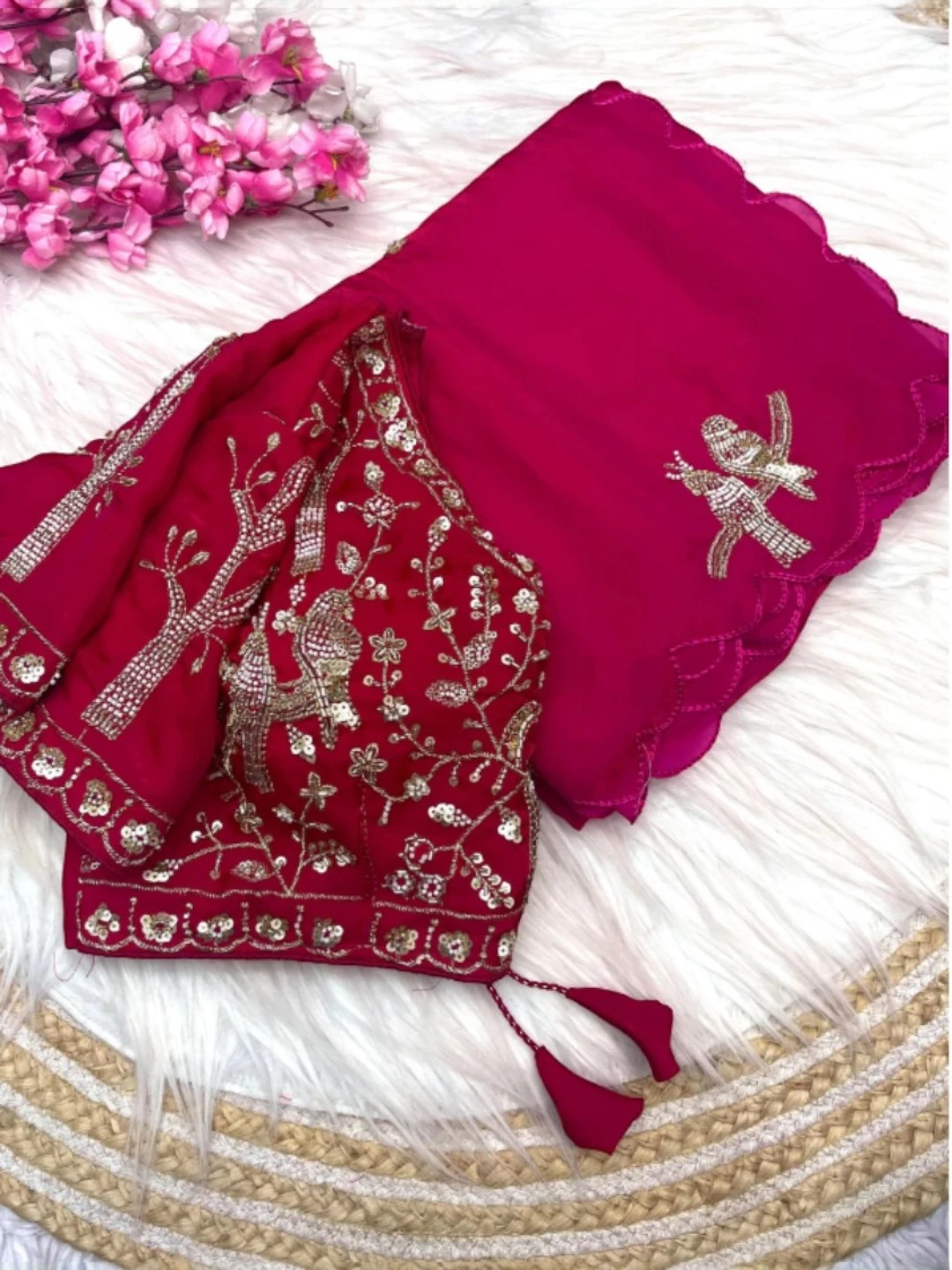 Women's Satin Saree Blue – Handwork