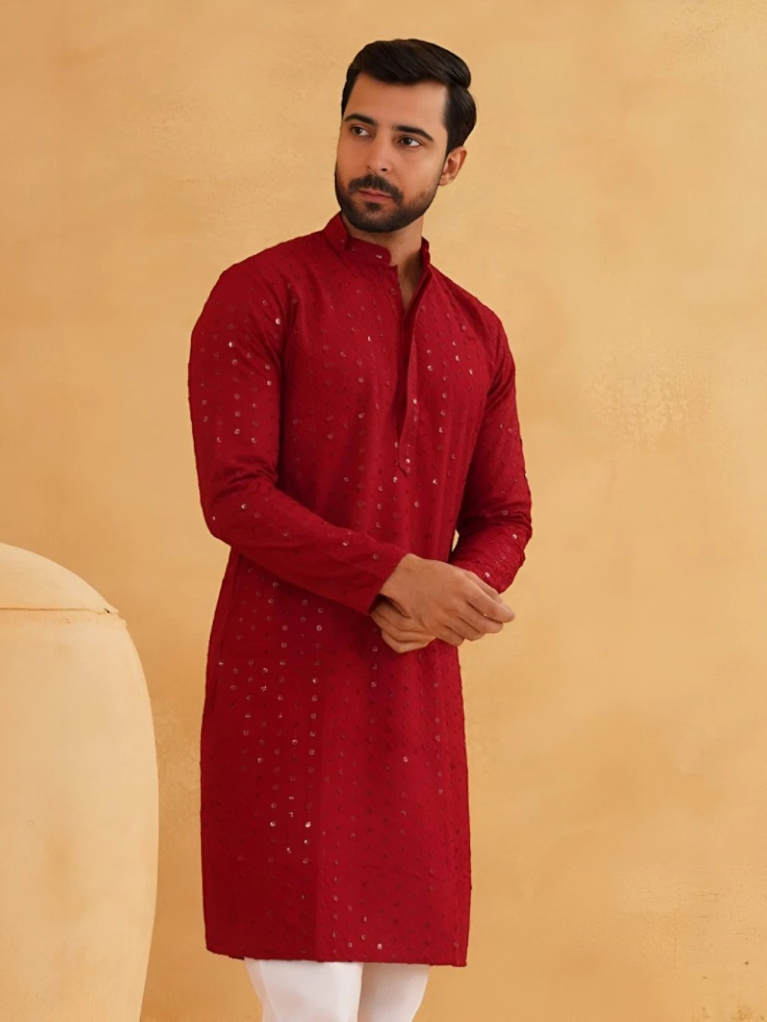 Men's Cotton Kurta Set Red – Ready to Wear