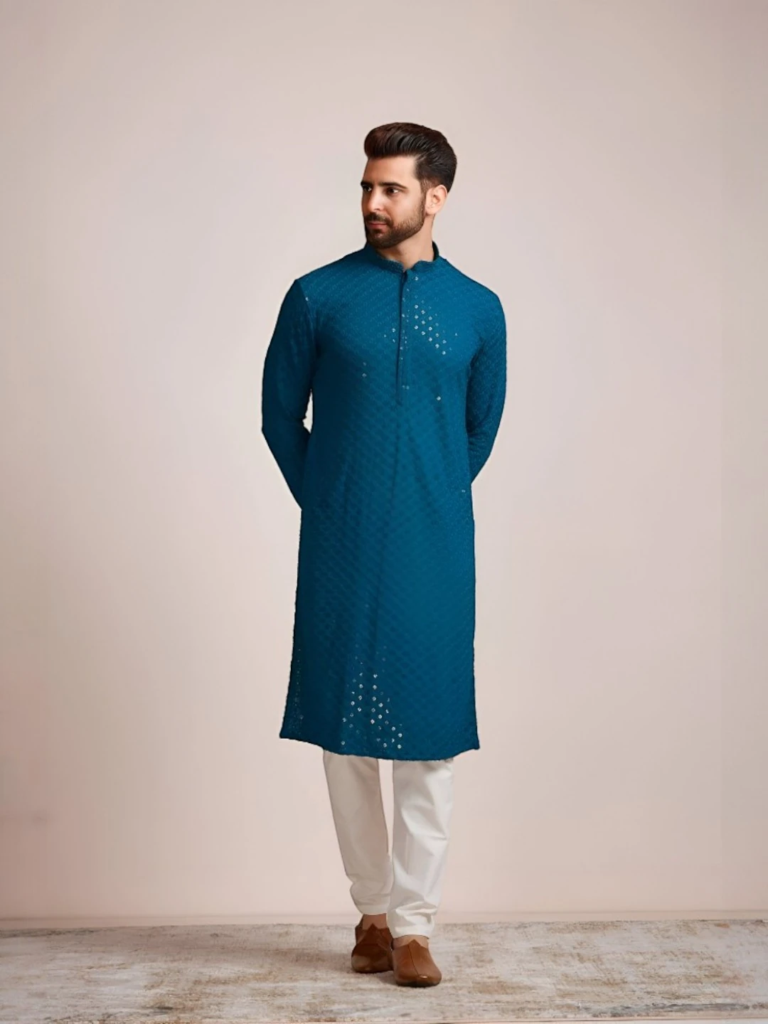 Men's Cotton Kurta Set Teal Blue – Ready to Wear