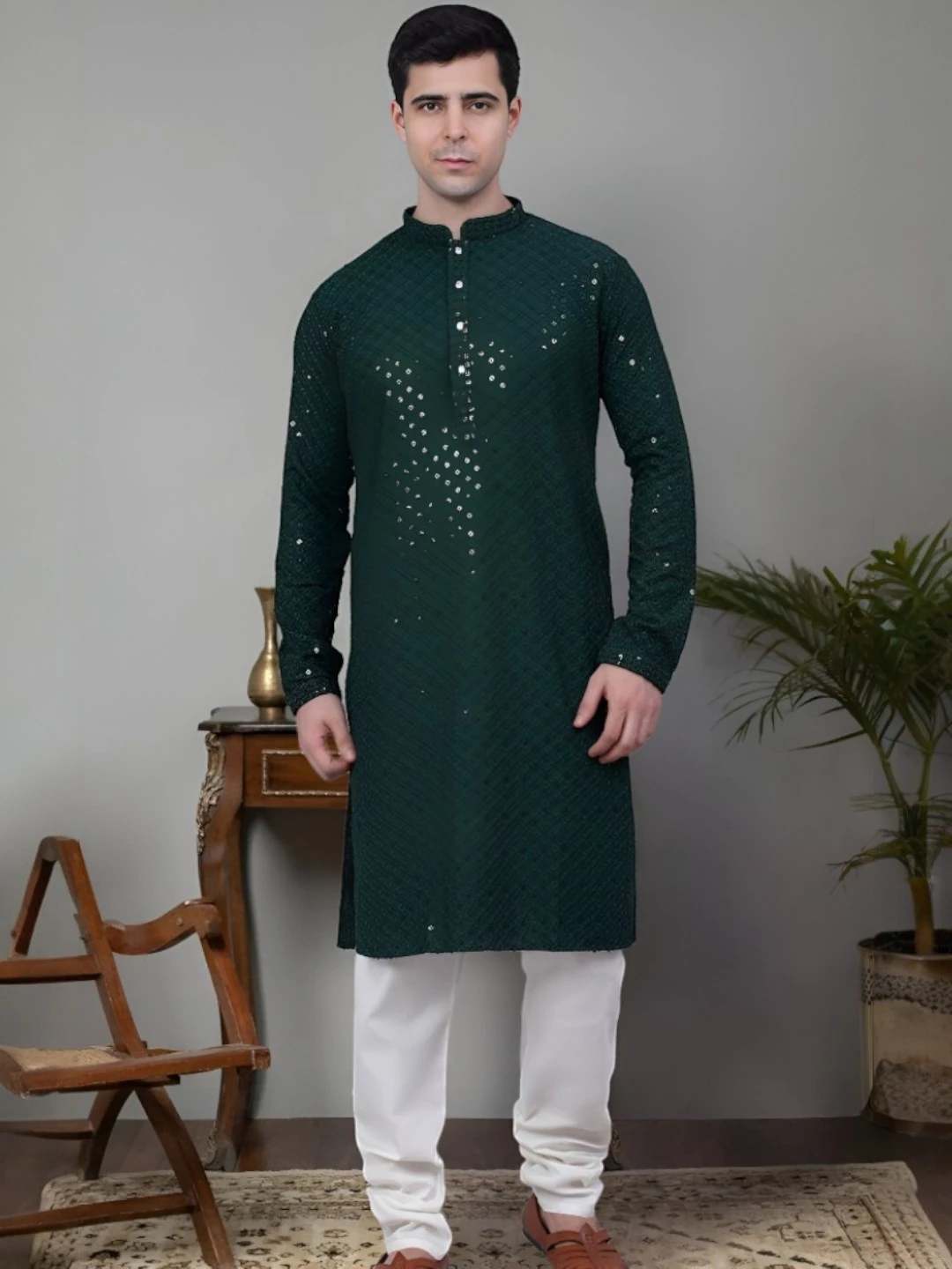 Men's Cotton Kurta Set Green – Ready to Wear