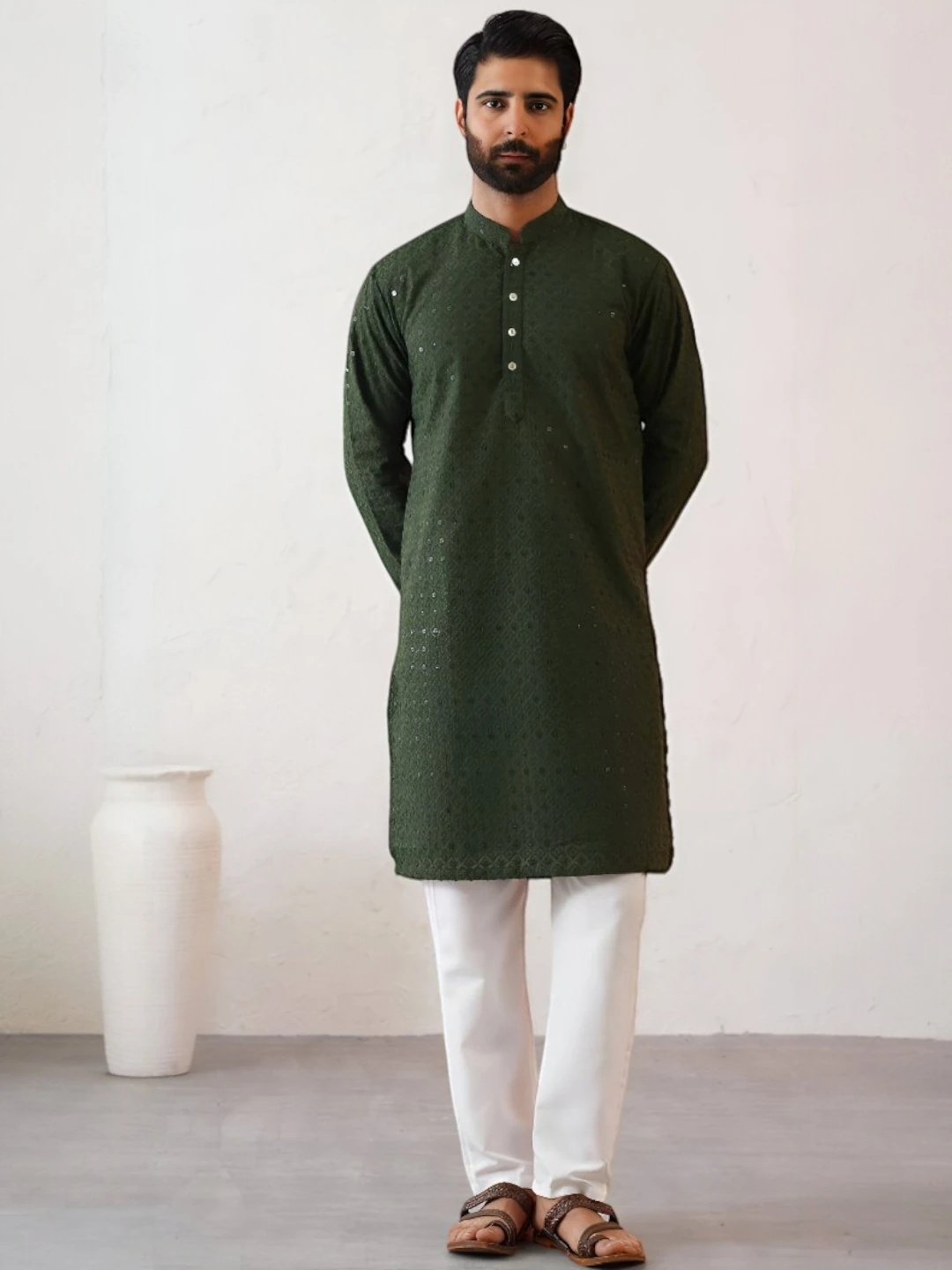 Men's Cotton Kurta Set Olive Green – Ready to Wear