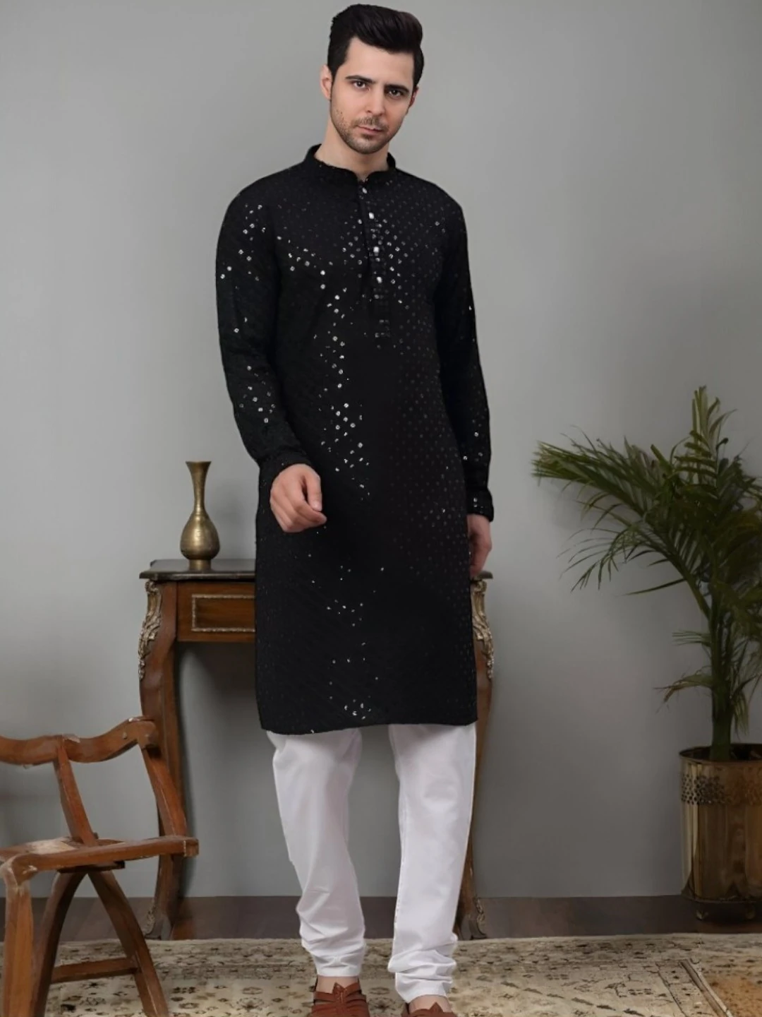 Men's Cotton Kurta Set Black – Ready to Wear