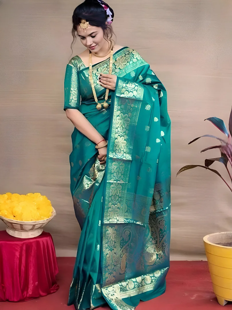Women's Silk Saree Turquoise – Floral Print