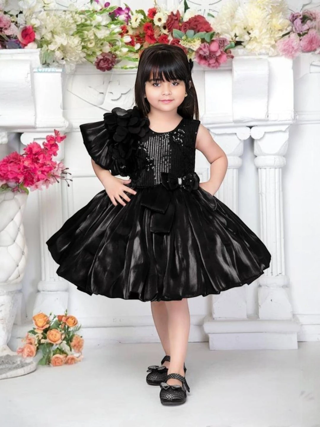 Girls' Premium Fabric Dress Black – Floral Print