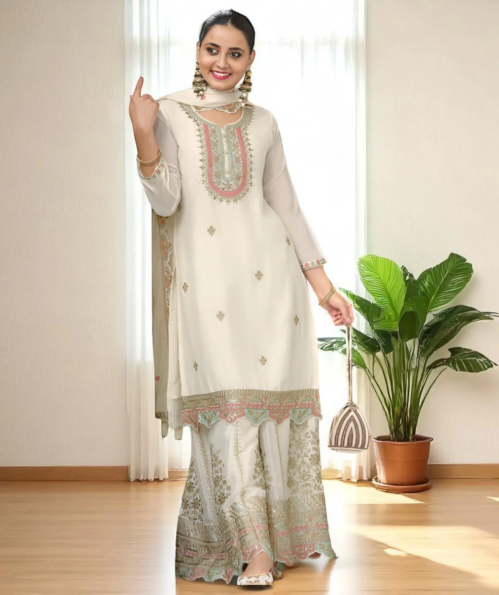 Women's Chinon Silk Kurta Off-White – Embroidered