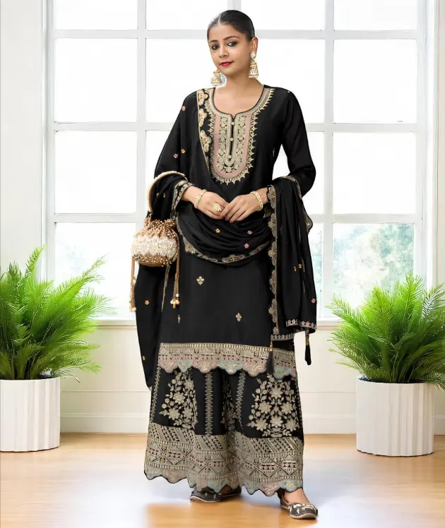 Women's Chinon Silk Kurta Black – Embroidered