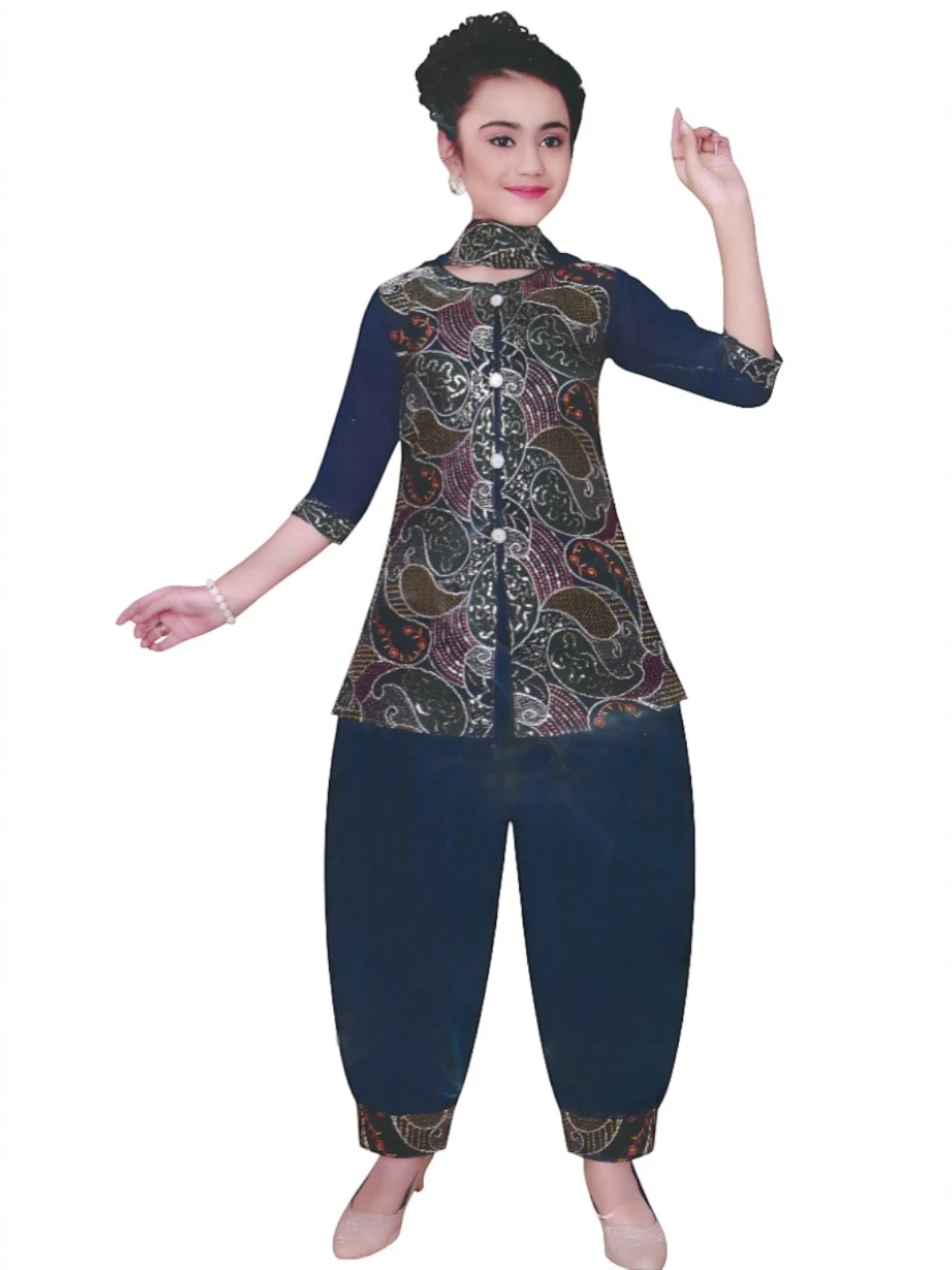 Girls' Georgette Patiala Suit Set Navy Blue – Paisley Print