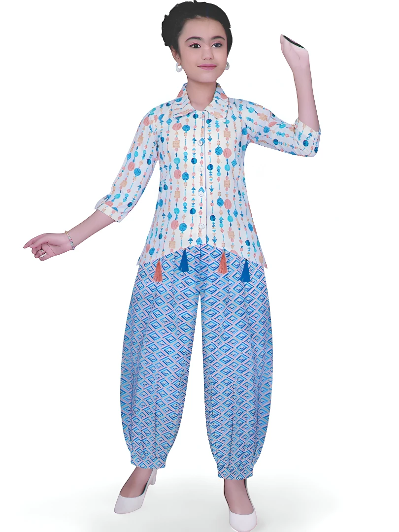 Girls' Premium Fabric Co-Ord Set Blue – Geometric