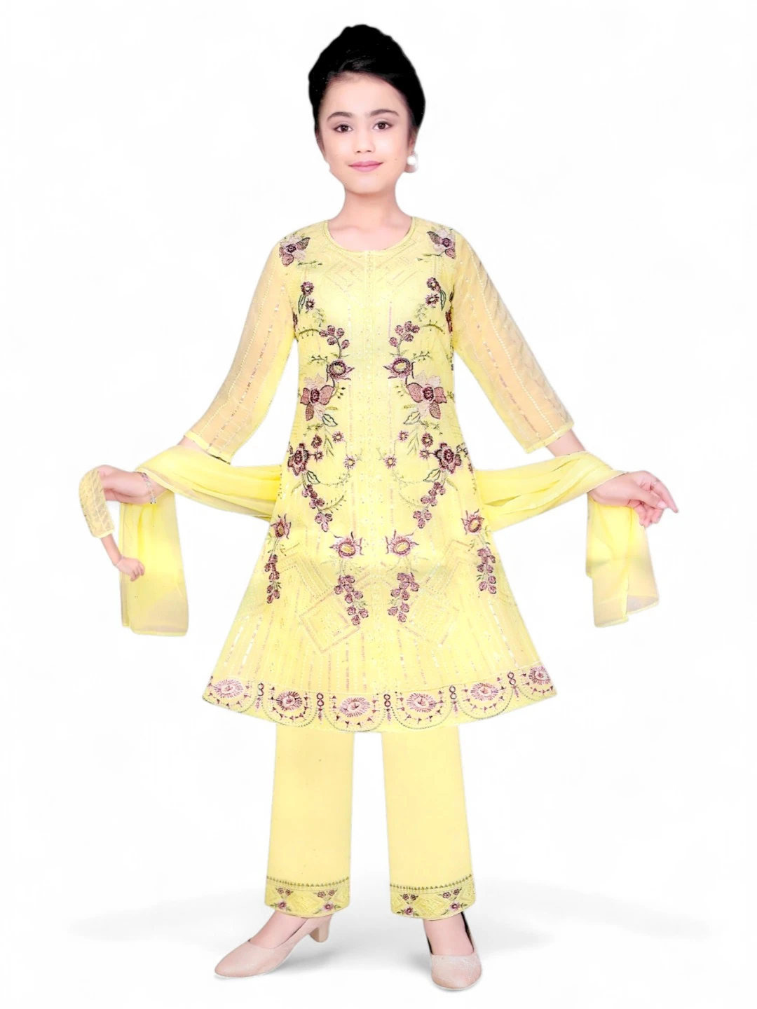 Girls' Georgette Kurti Yellow – Paisley Print