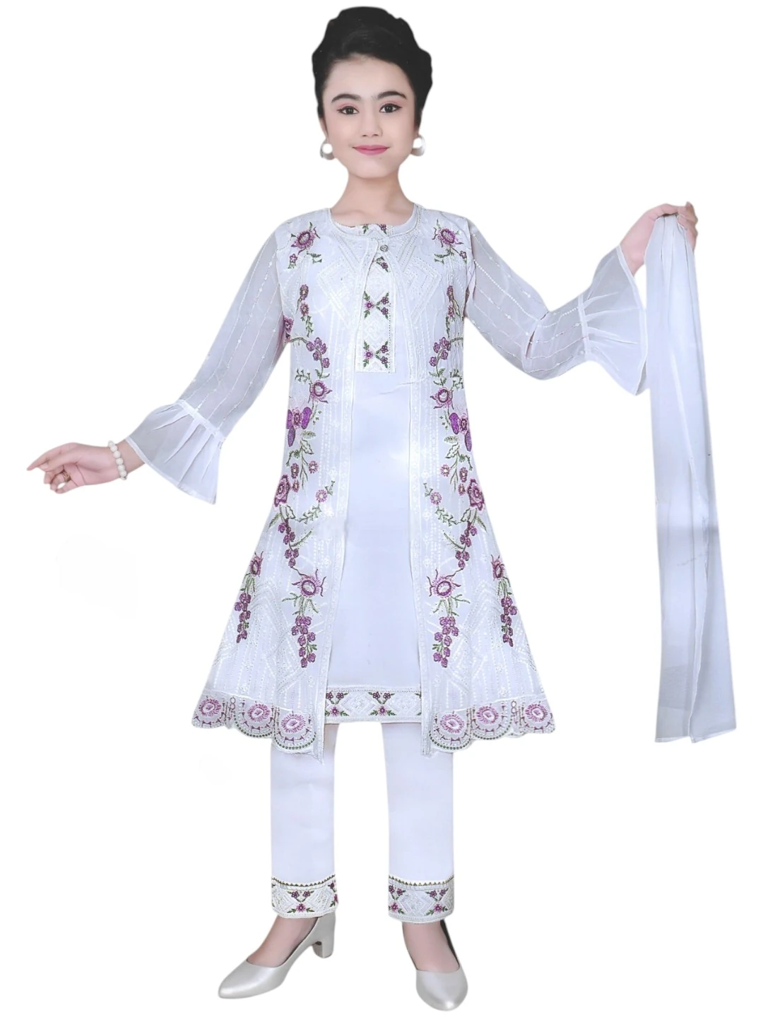 Girls' Georgette Kurti White – Paisley Print
