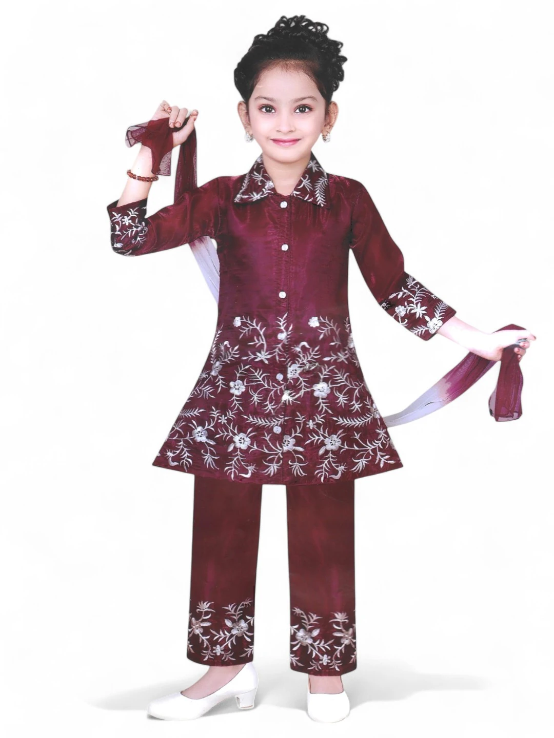 Girls' Silk Kurti Maroon – Paisley Print
