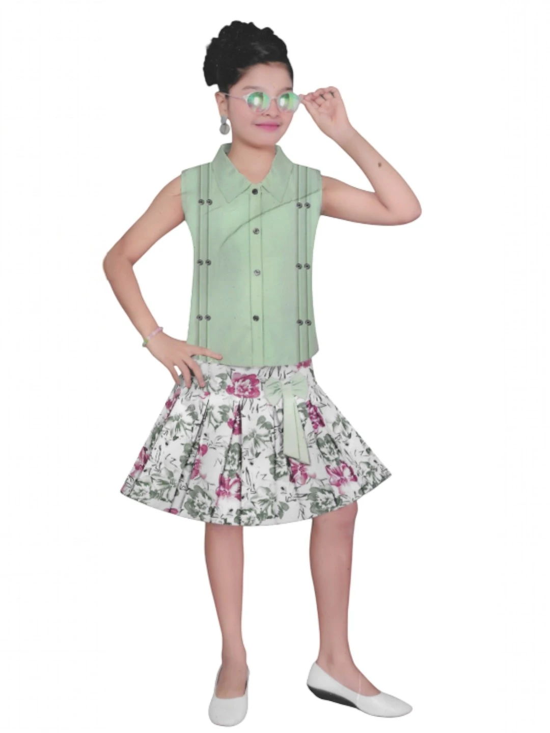 Girls' Satin Skirt Green – Floral Print