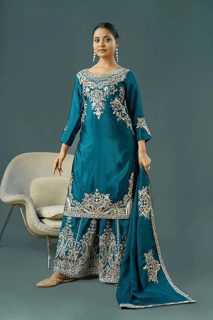 Women's Chinon Silk Kurta Set Teal Blue – Sequined