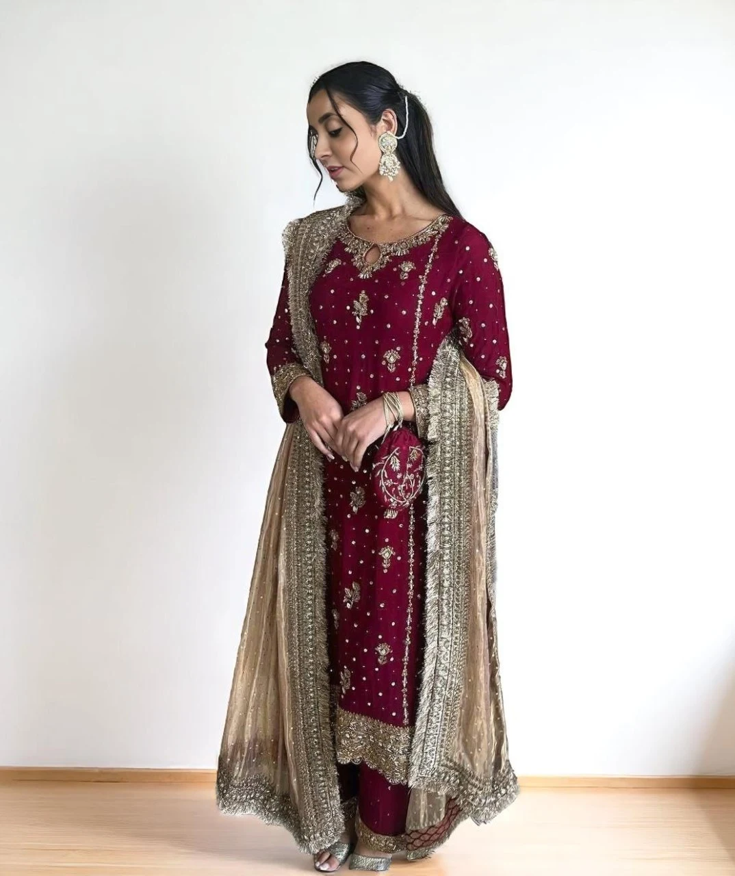 Women's Georgette Kurta Set Maroon – Ready to Wear