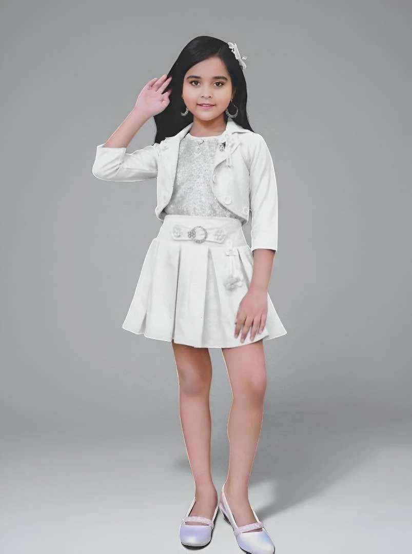 Girls' Premium Fabric Top and Skirt Set White – Embellished