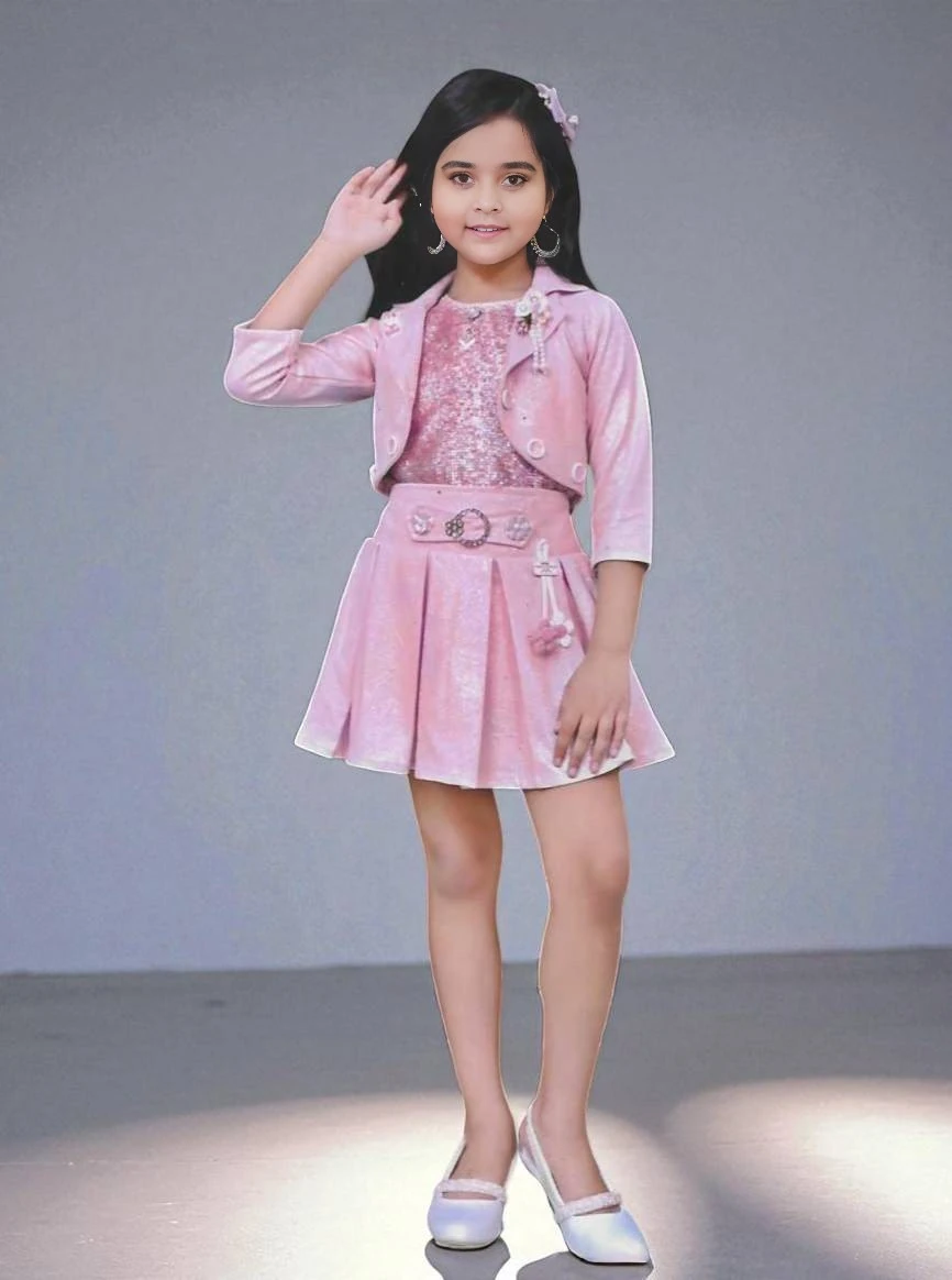Girls' Premium Fabric Top and Skirt Set Pink – Embellished