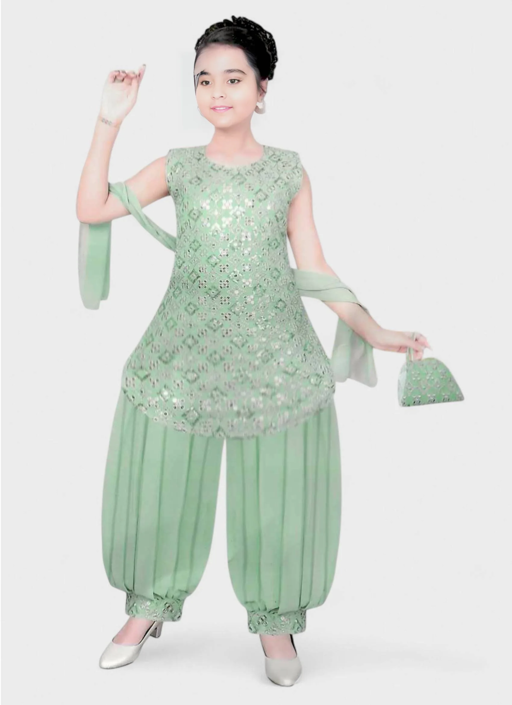 Girls' Georgette Kurti Pista Green – Ready to Wear
