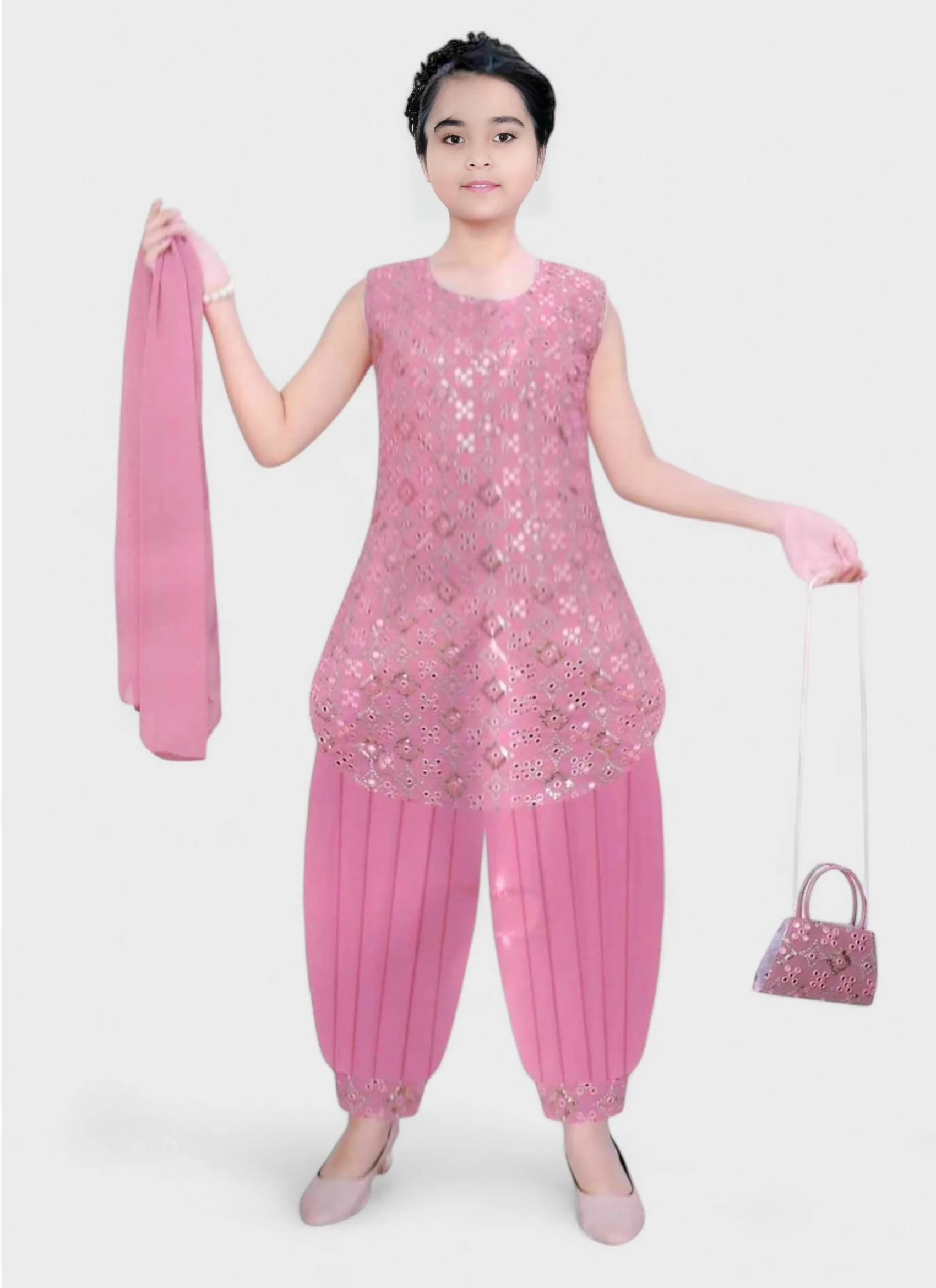 Girls' Georgette Kurti Pink – Ready to Wear