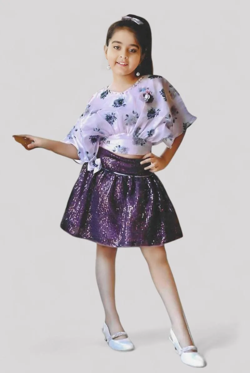 Girls' Premium Fabric Top and Skirt Set Pink – Printed