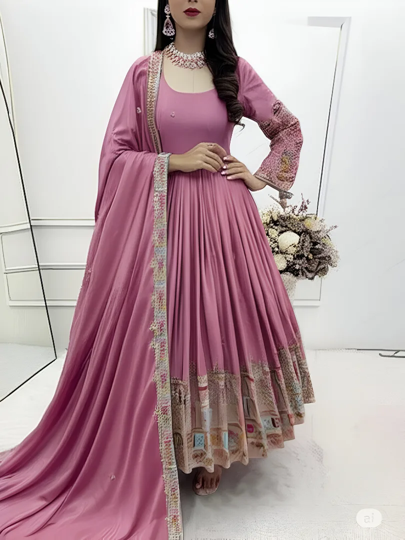 Women's Chinon Silk Gown Pink – Sequined