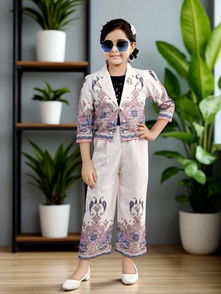 Girls' Premium Fabric Jacket White – Floral Print