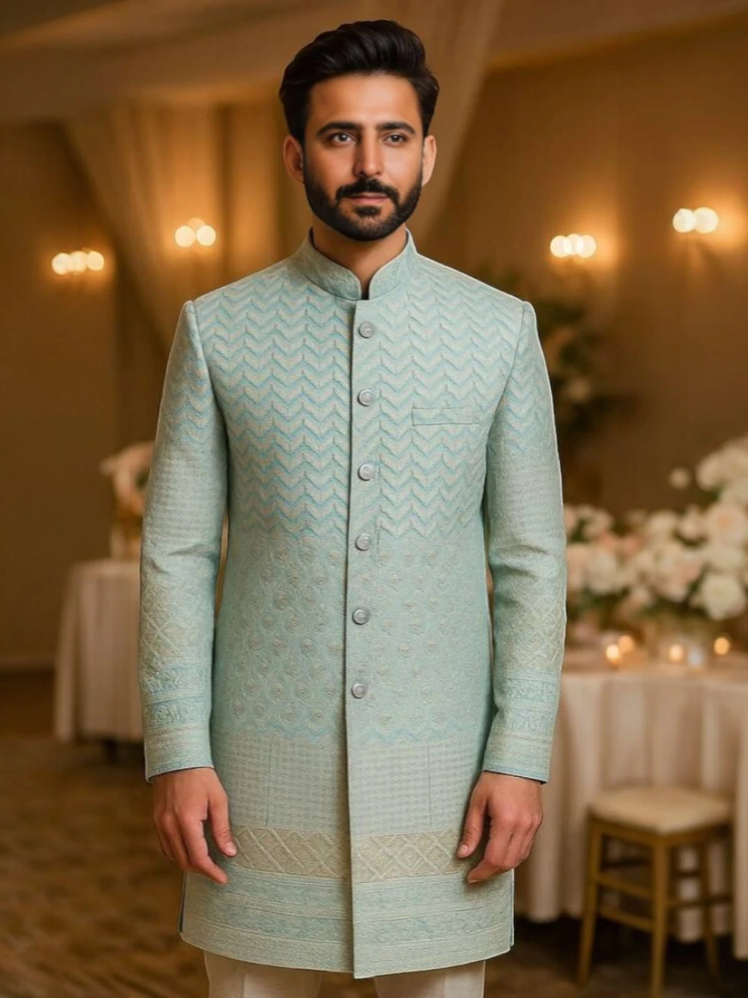 Men's Art Silk Sherwani Sky Blue – Ready to Wear