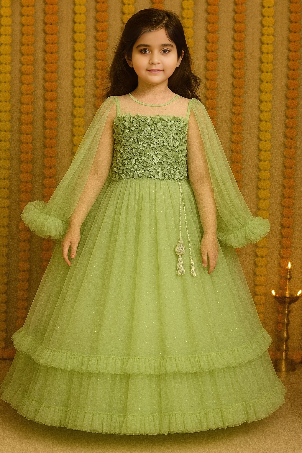 Girls' Net Dress Pista Green – Embellished