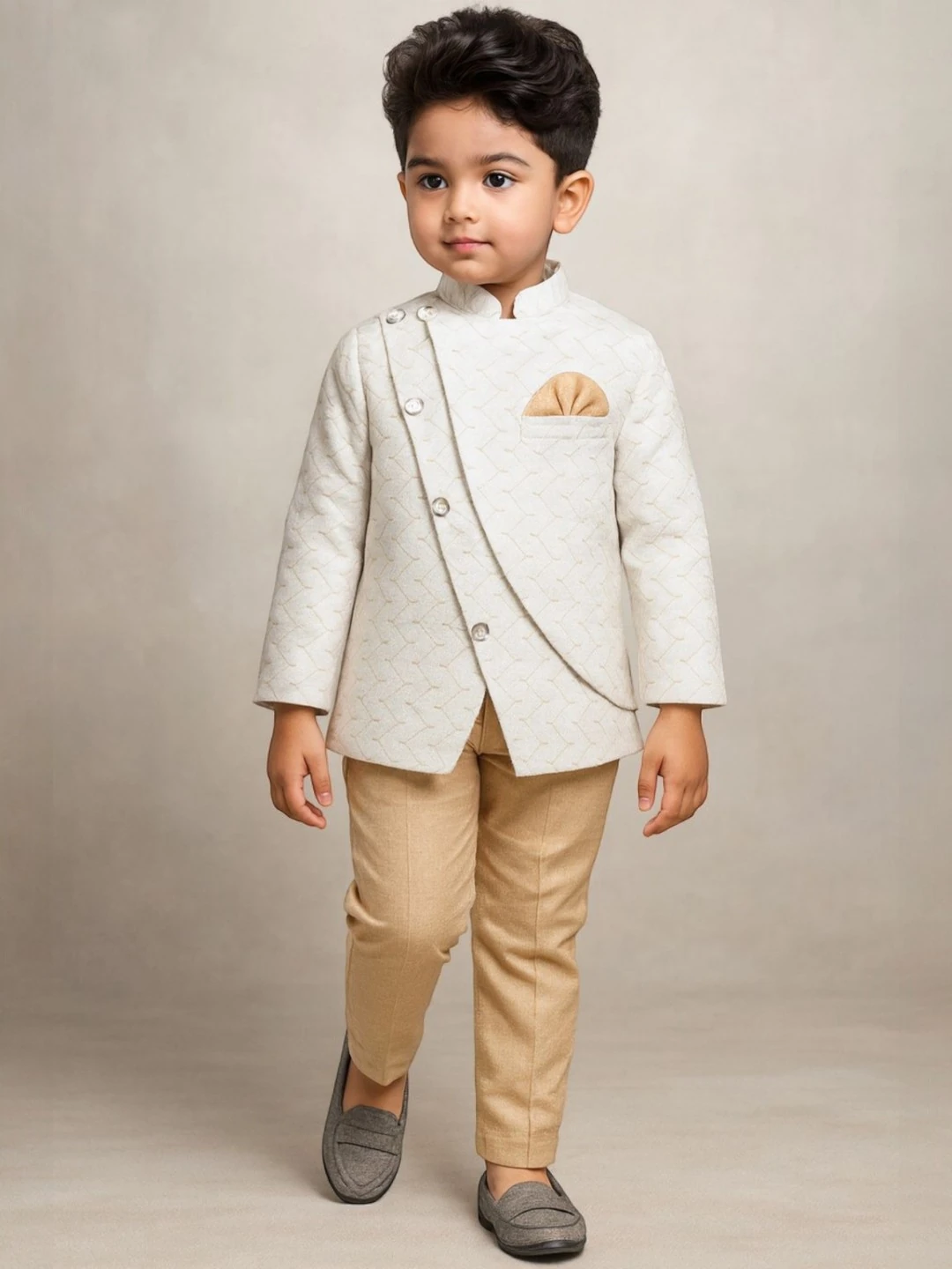 Boys' Premium Fabric Clothing Set White & Beige – Ready to Wear
