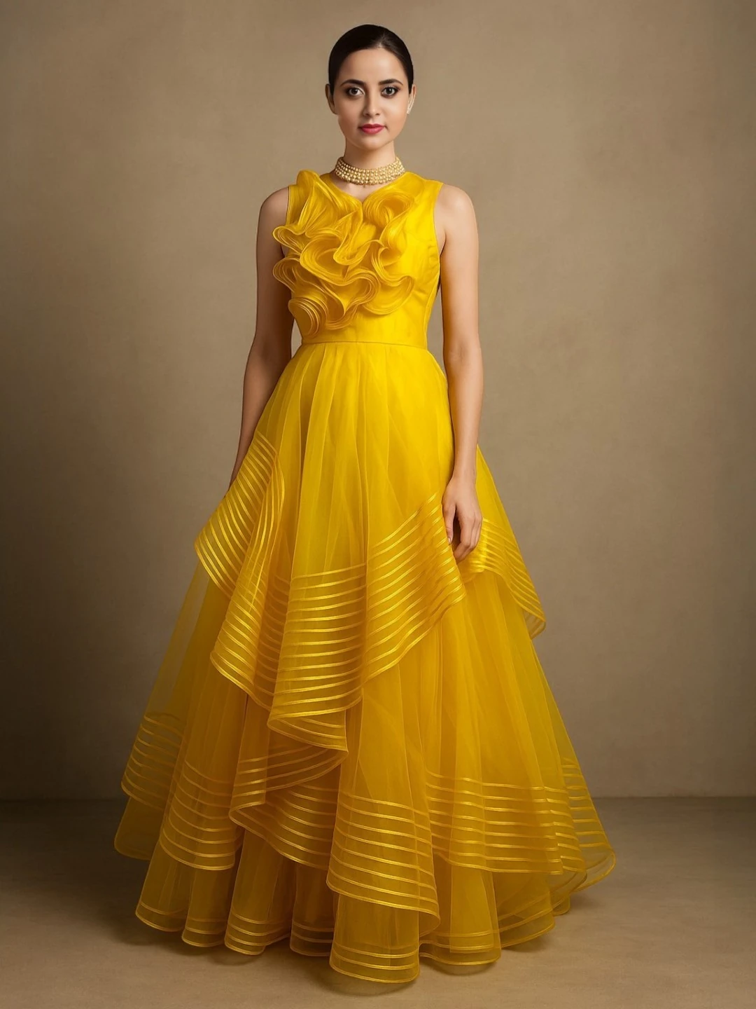 Women's Net Gown Mustard – Sequined