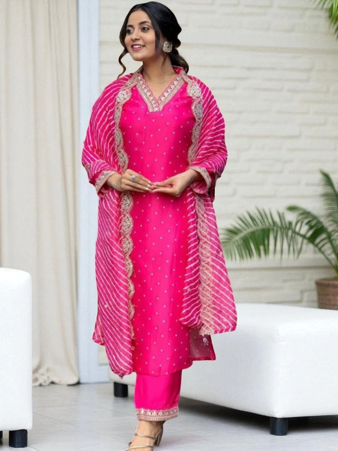 Women's Banana Silk Kurta Fuchsia Pink – Printed