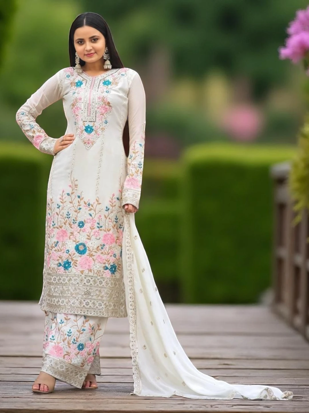 Women's Chinon Silk Kurta Set Off-White – Handwork