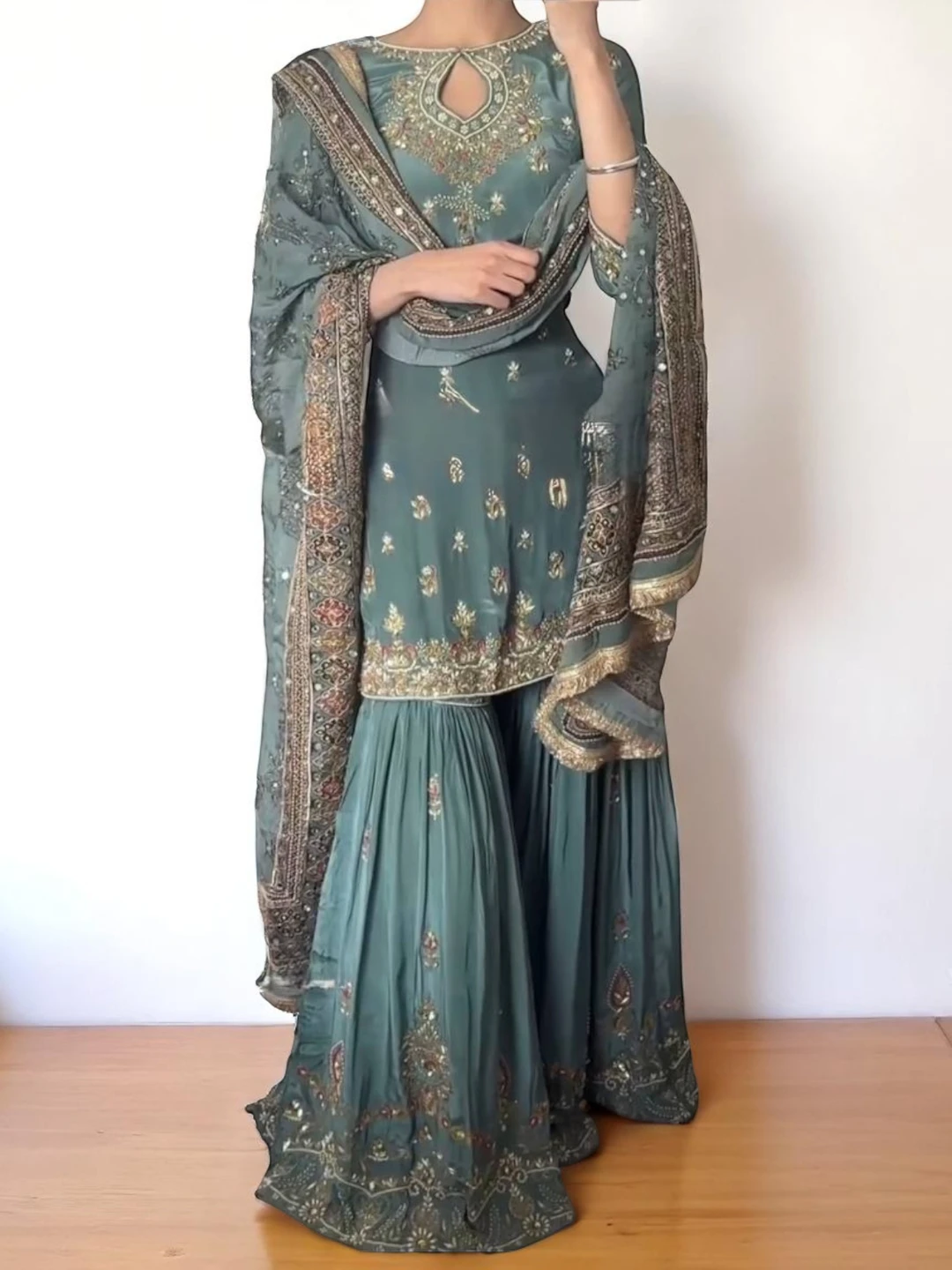 Women's Georgette Party Outfit Teal Blue – Handwork