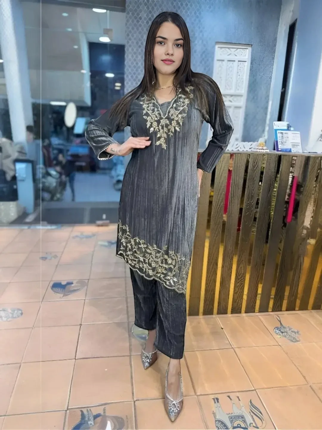 Women's Velvet Suit Grey – Ready to Wear