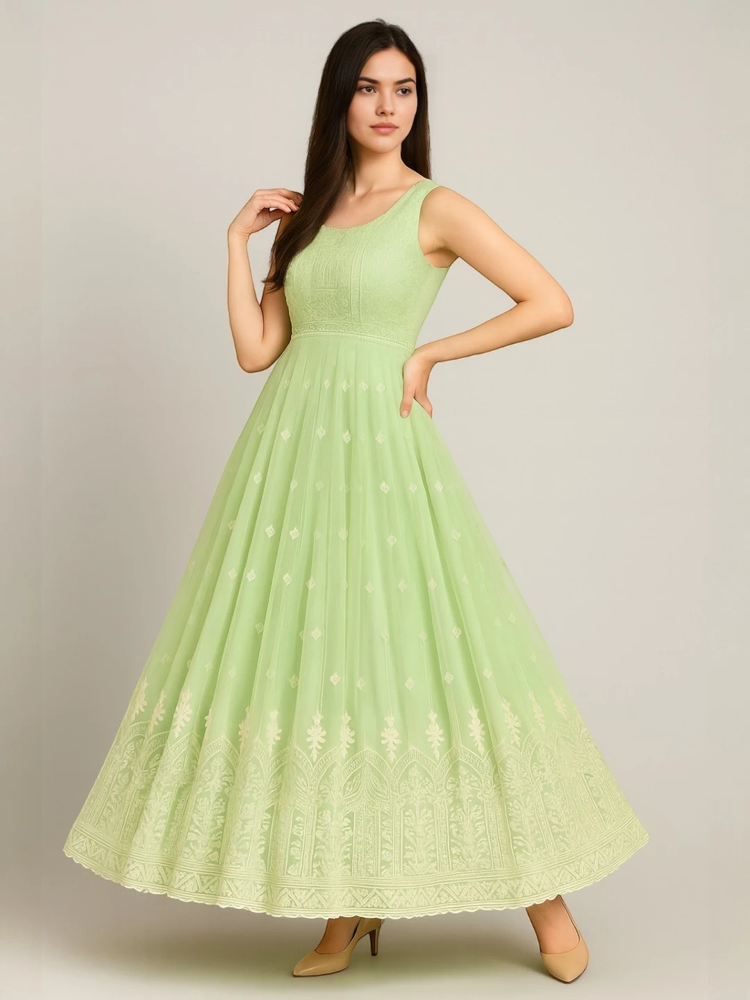 Women's Net Kurta Set Green – Ready to Wear