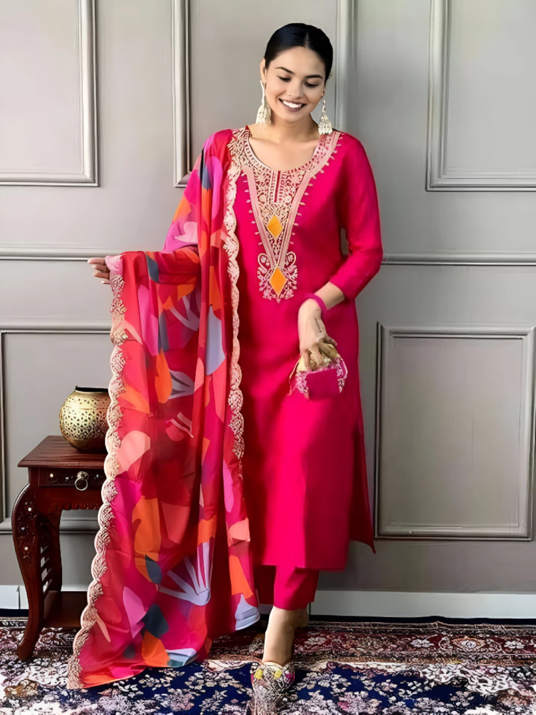 Women's Roman Silk Kurta Fuchsia Pink – Floral Print