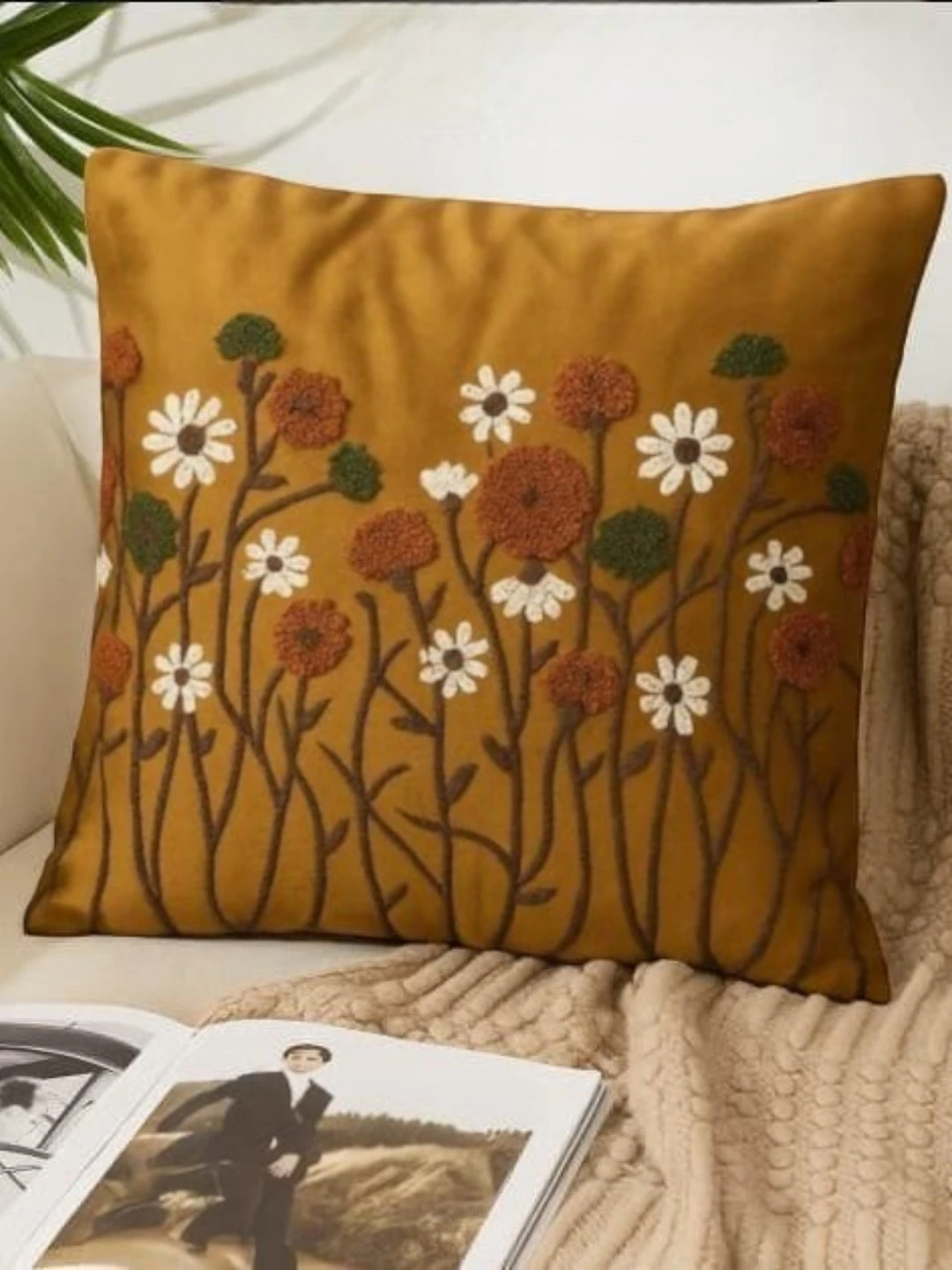 Velvet Pillow Cover Mustard – Embroidered