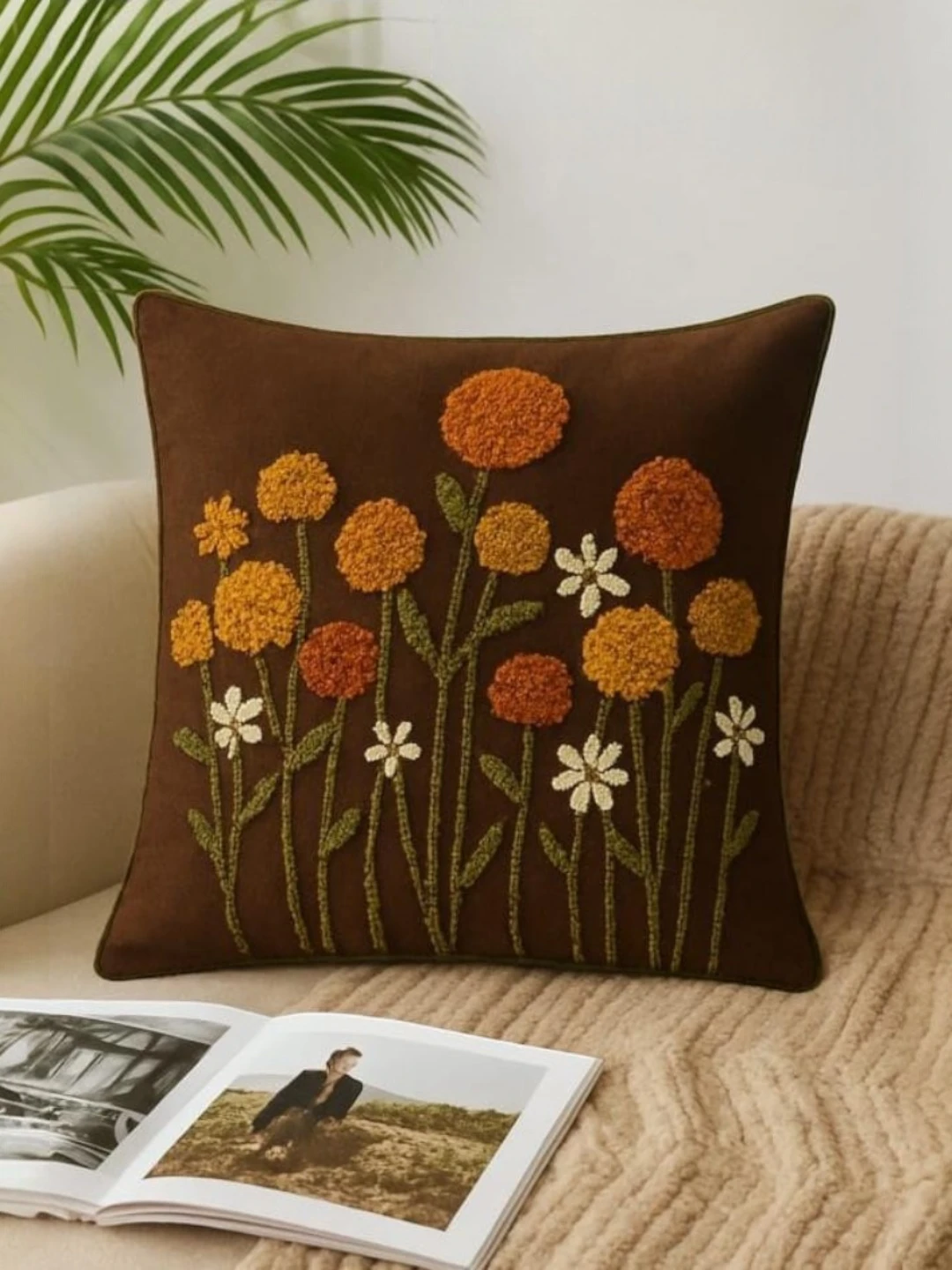Velvet Pillow Cover Dark Brown – Embroidered