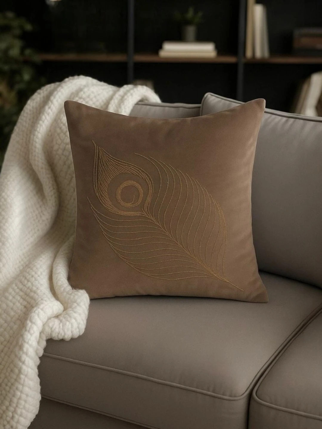 Velvet Pillow Cover Beige – Embroidered