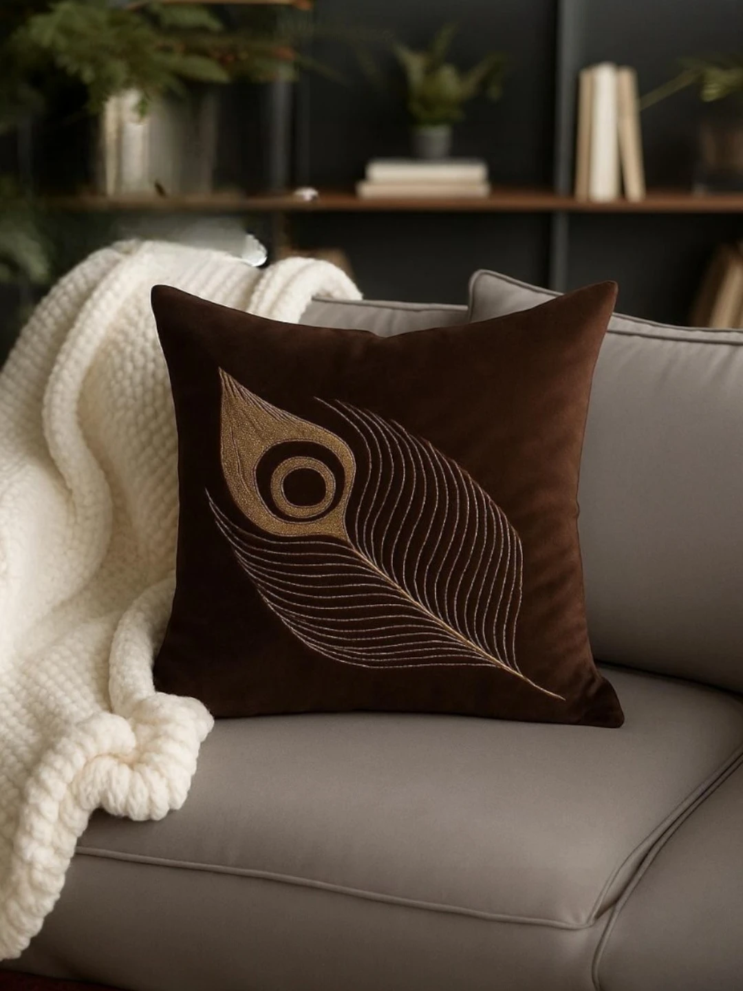 Velvet Pillow Cover Dark Brown – Embroidered