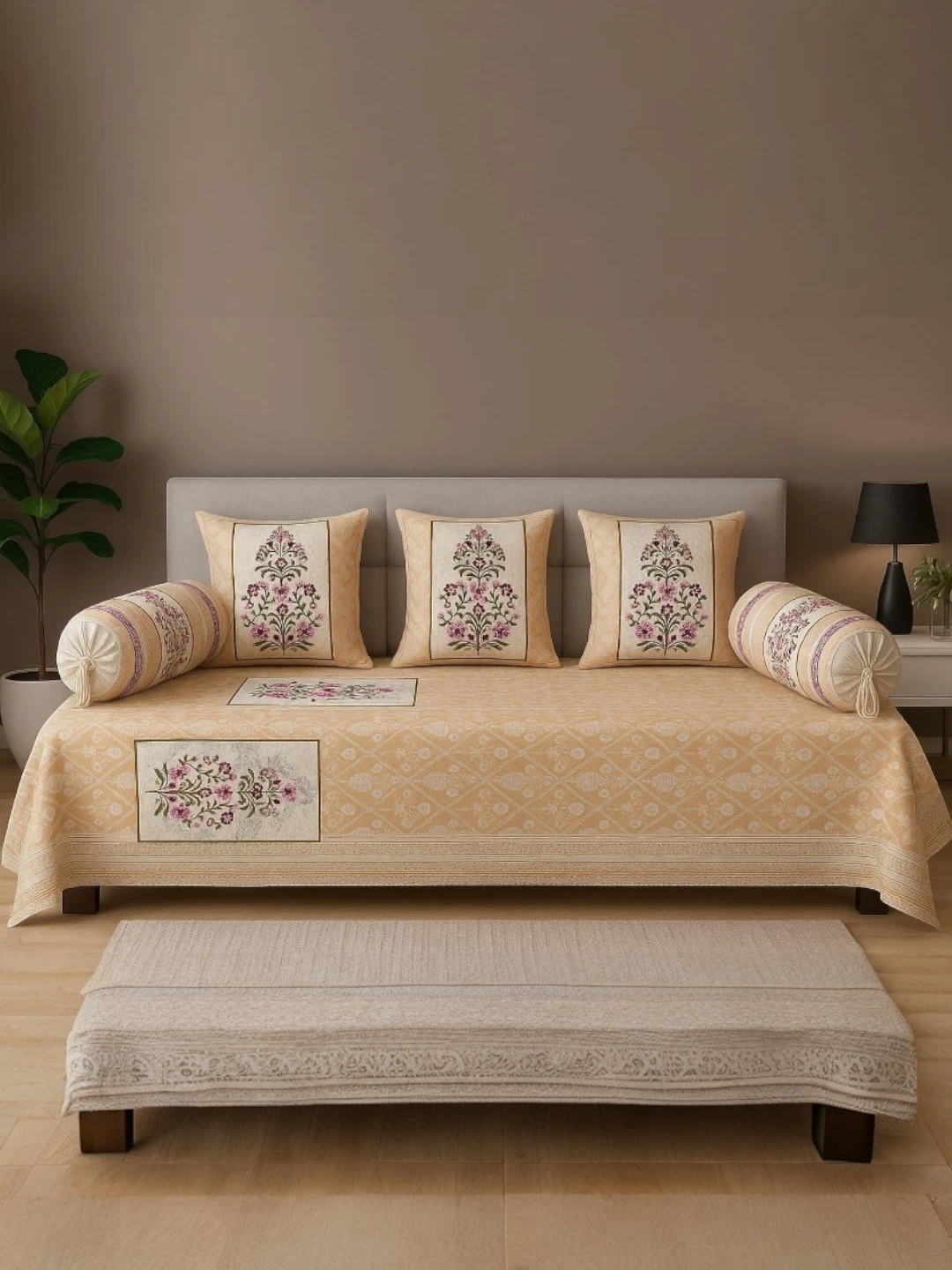 Cotton Bedding Set Beige – Floral Print
