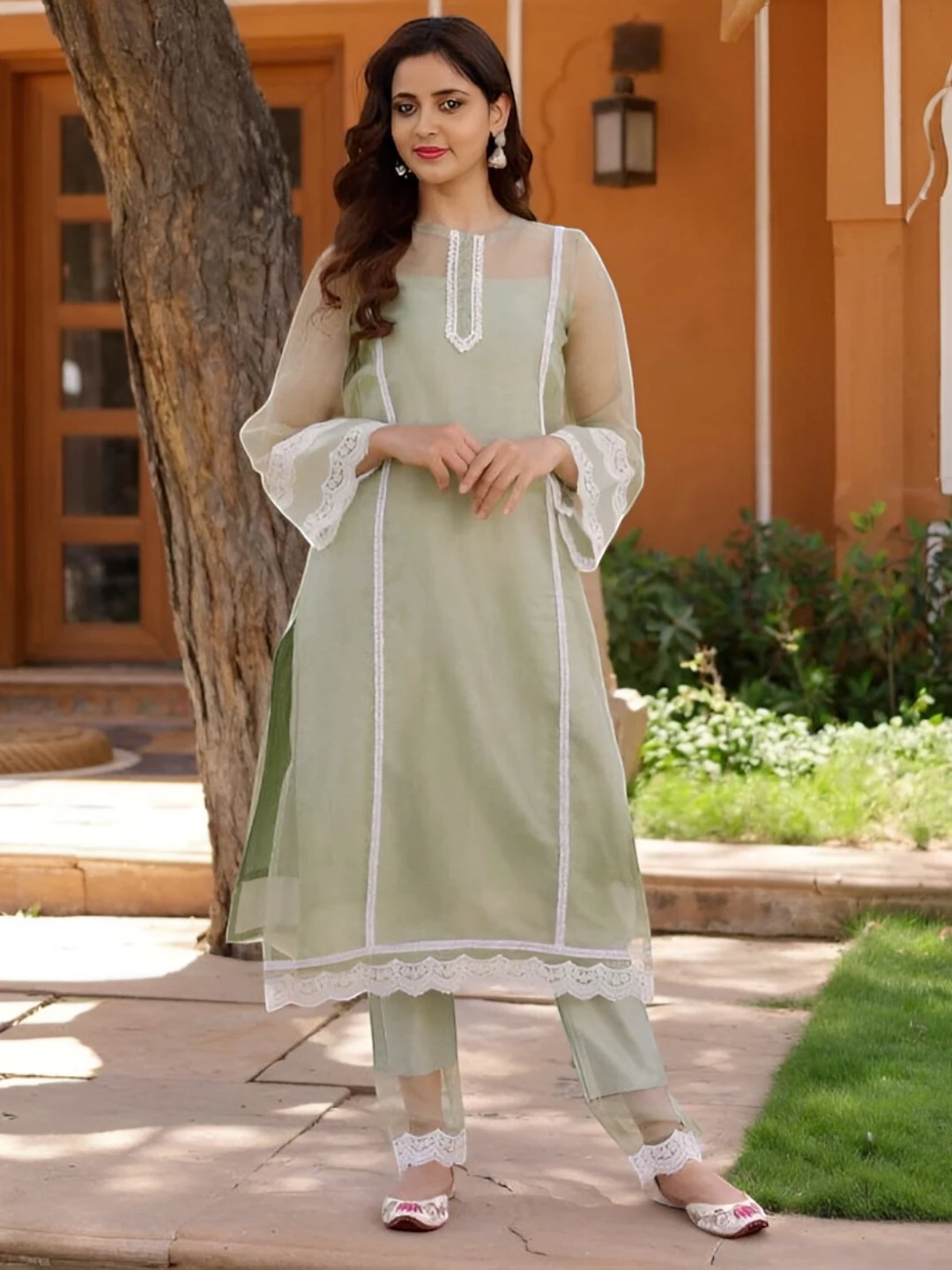 Women's Organza Suit Green – Regular Fit