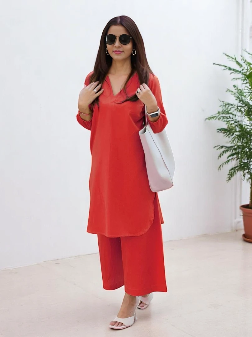 Women's Cotton Kurta Set Red – Ready to Wear
